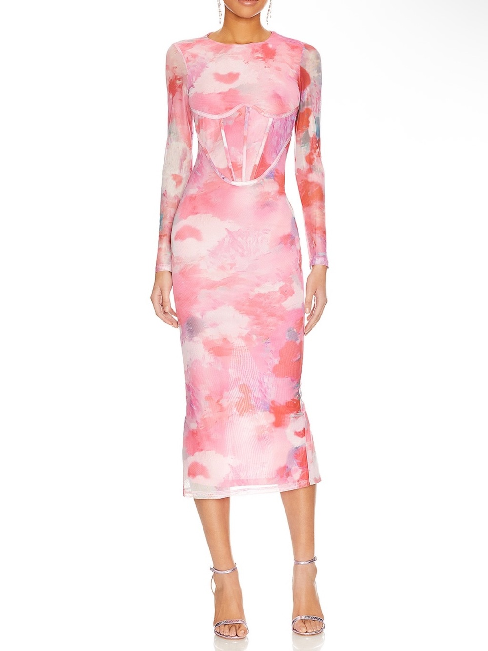 Bardot Lena Mesh Midi Printed Corset Bustier Dress in Wildflower Pink Revolve M